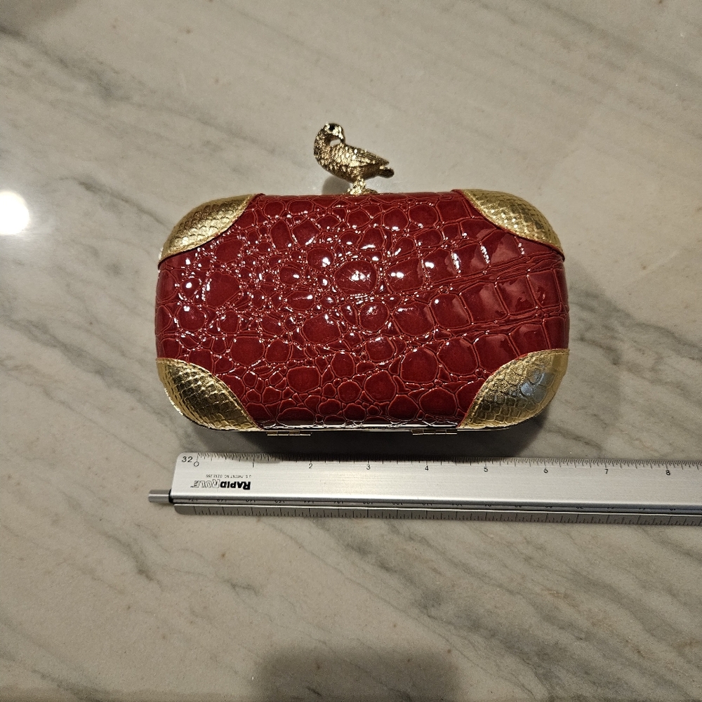 Red Crocodile Embossed Bird Kiss Lock Clutch with Gold Chain and Accents - Picture 5 of 8